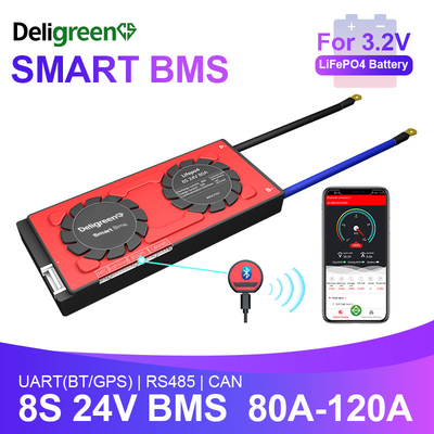 Deligreen Smart Bms Lifepo4 Batterie 8S 24v 80-120A avec fonction UART BT 485 CAN Pour le stockage extérieur de véhicule de tourisme